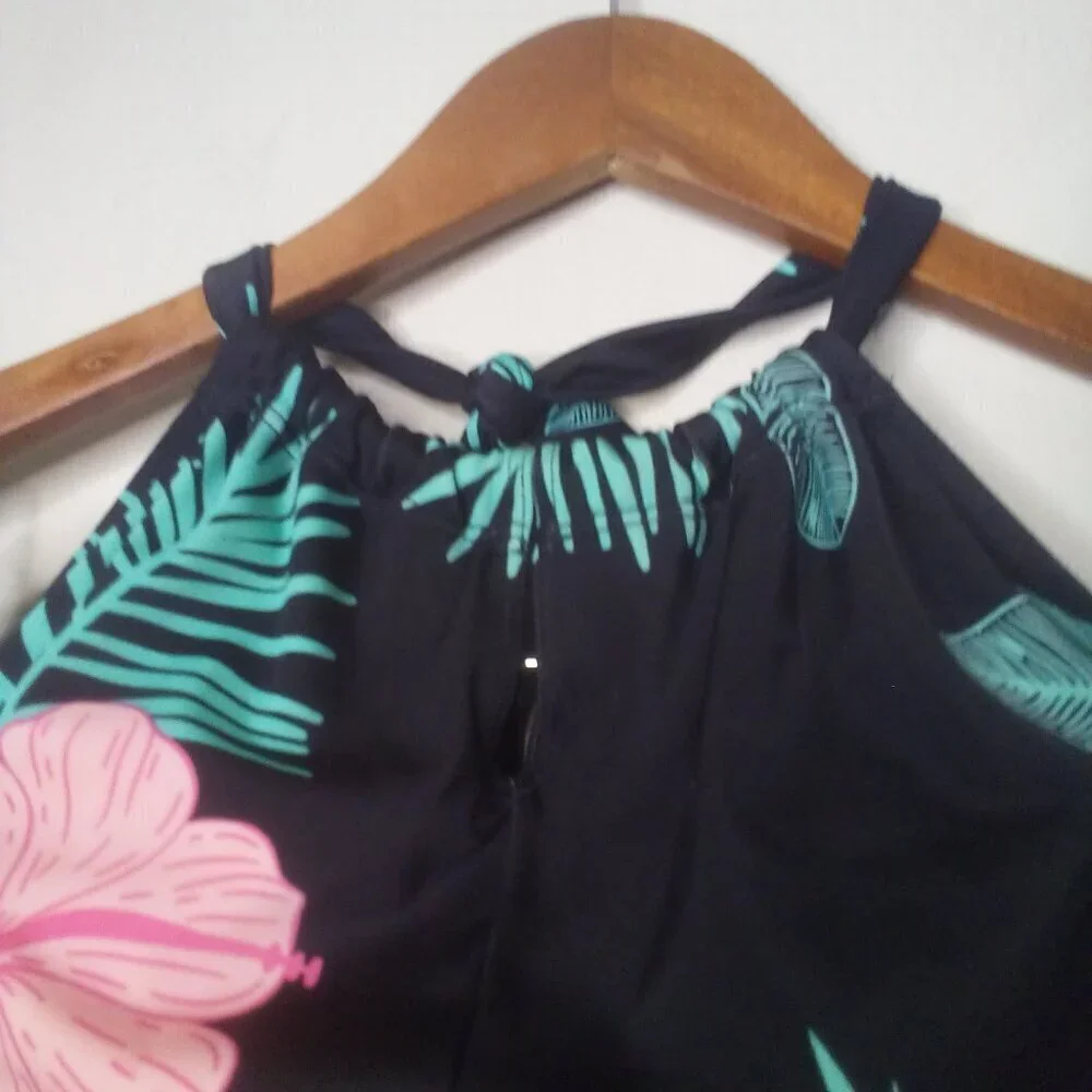 Crane Swimsuit Women XL One Piece Halter Floral Tropical Black Green Pink